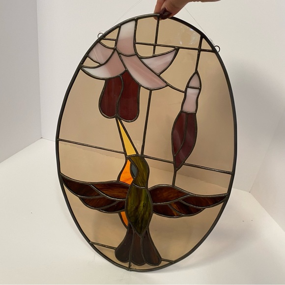 Large Handmade Stained Glass Window Decor Hanging Hummingbird Flower - Picture 3 of 7
